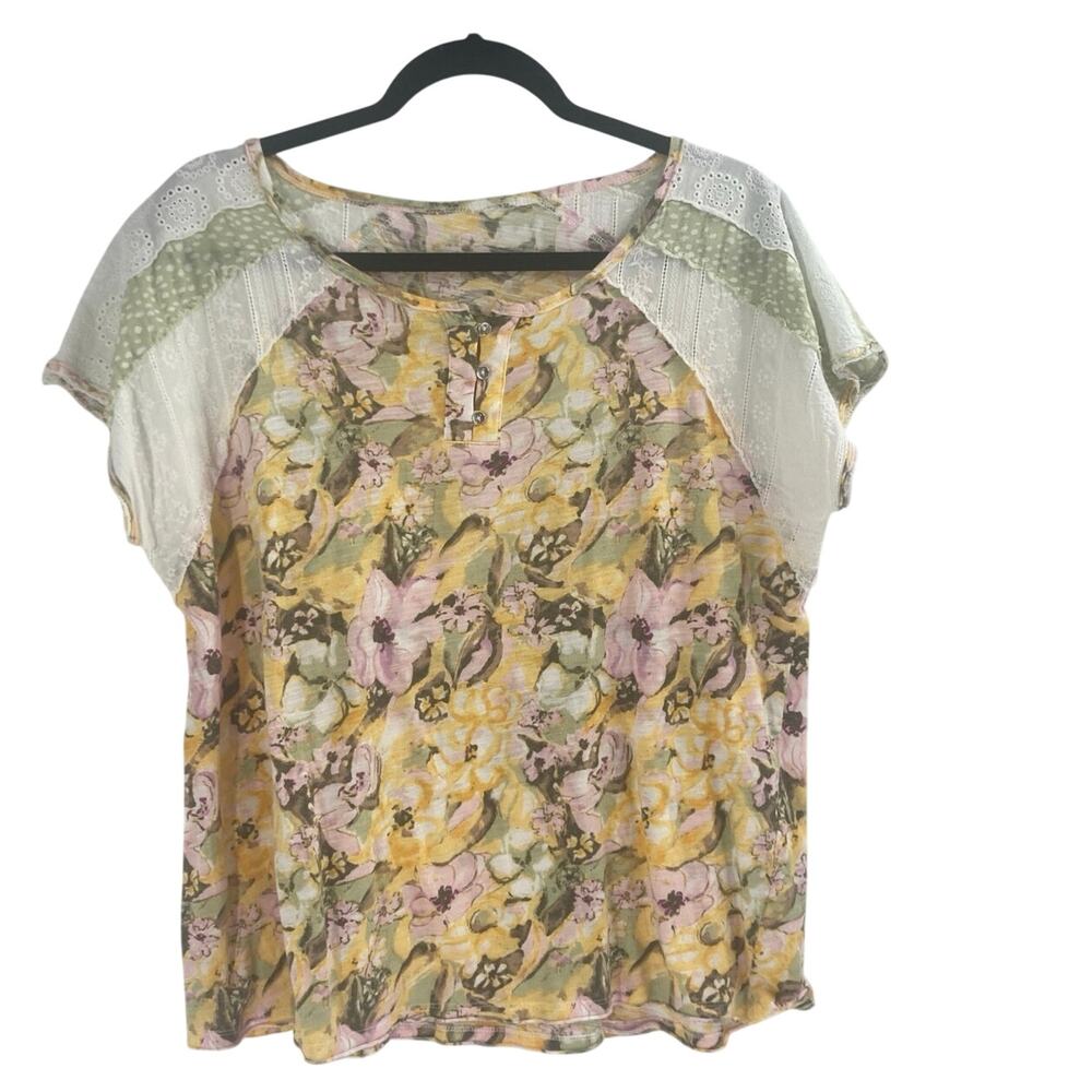 Cato Boho Floral Mixed Media Crochet Modal Blend Top Women’s Medium Yellow Green